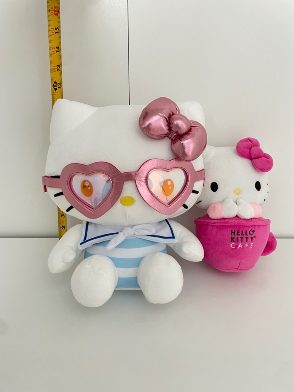 Sanrio Hello Kitty Plush Duo with Metallic Pink Heart Glasses and Pink Cafe Cup